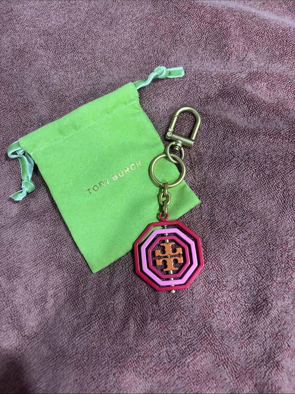 Tory Burch Pink & Orange Octagon Logo Keychain